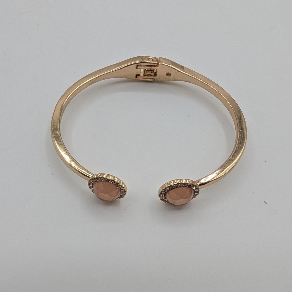 Gold Tone Hinged Cuff Bracelet Peach Cabochon Crystal Halo Bypass Open Front